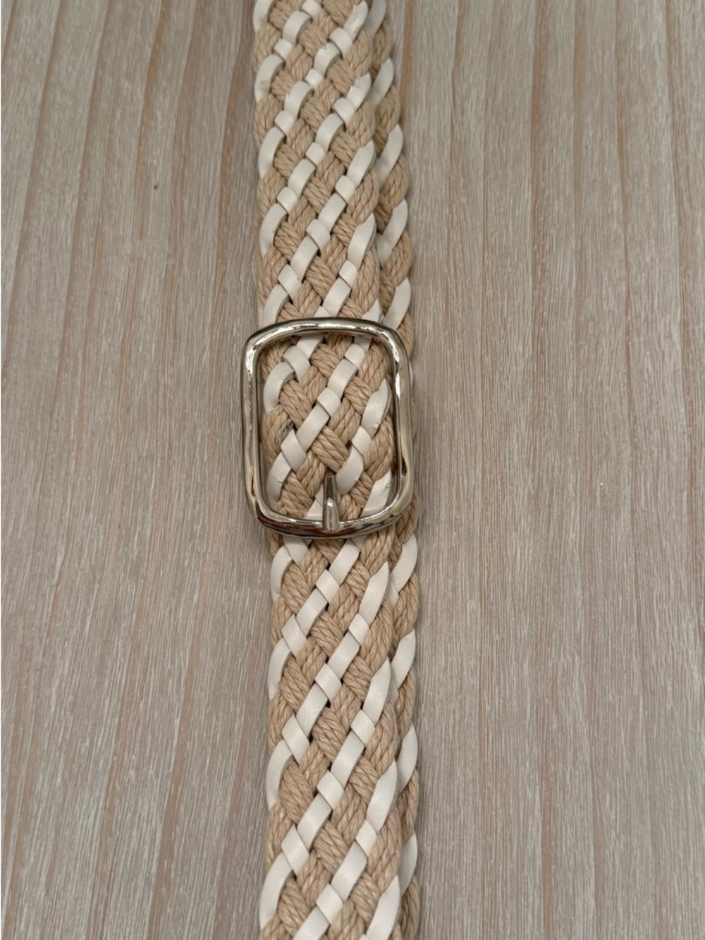 Braided Beige and White Woven Belt with Silver Buckle